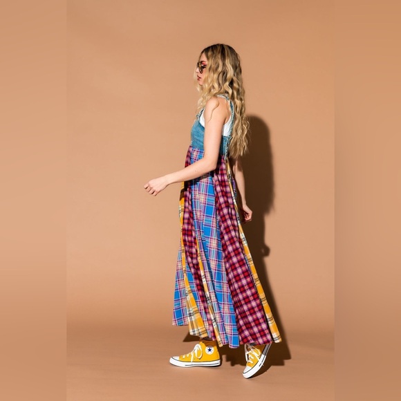 Dressed in Lala Walking On Sunshine Overall Dress NWT Size XL Plaid Panel Denim - Picture 6 of 15